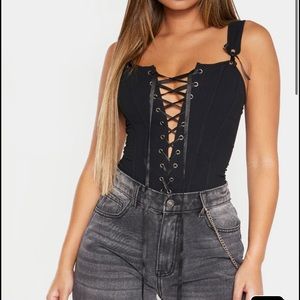 Black Woven Structured Lace Up Corset Crop Top